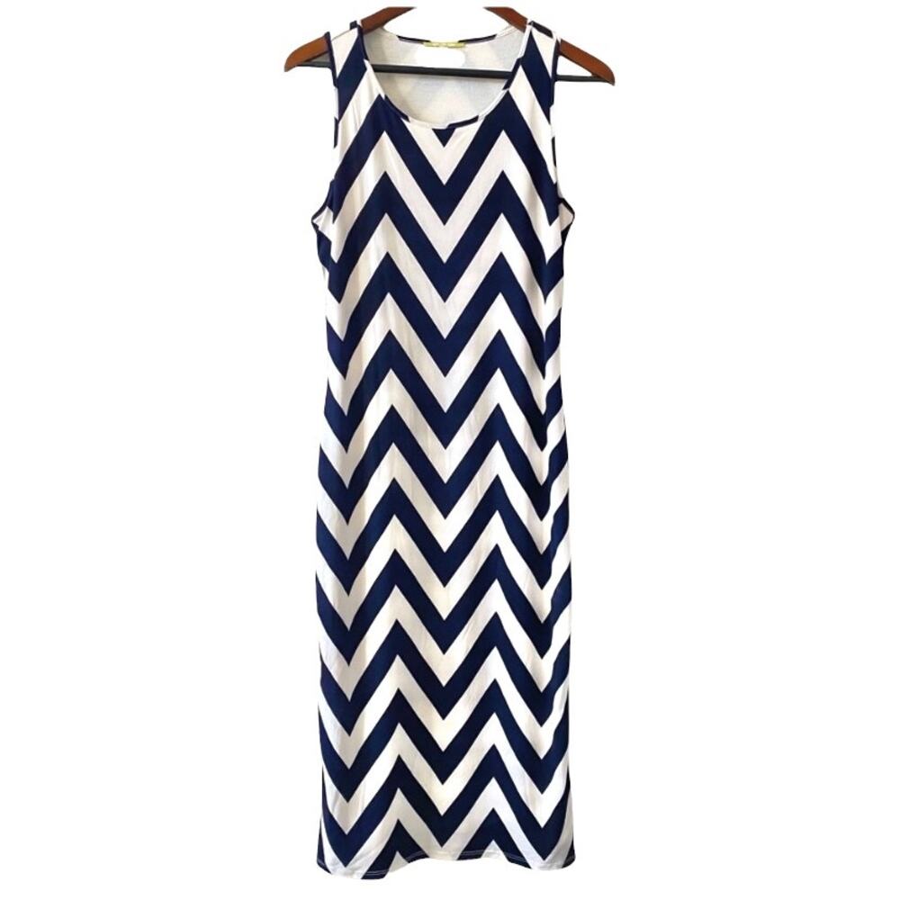 GIANNI BINI Chevron Print Midi Dress Navy White Sleeveless Size Small Summer